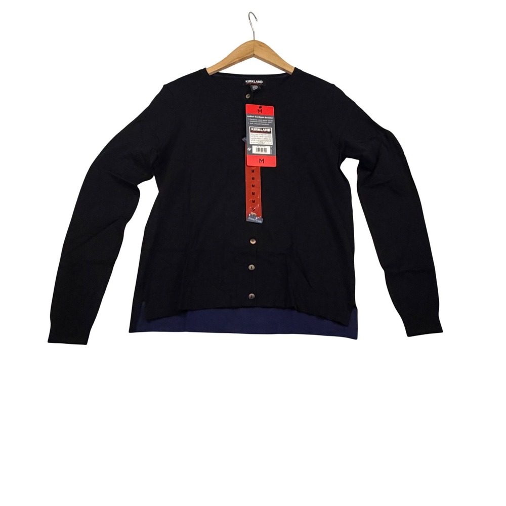Kirkland Signature Womens Black Navy Contrast Hem Cardigan Sweater Size M NWT